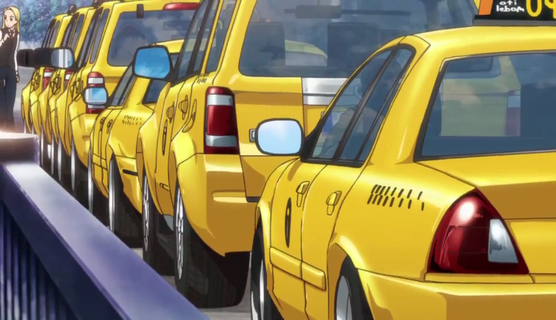A row of Ford Escape and Crown Victoria New York taxis in Love Live! The School Idol Movie